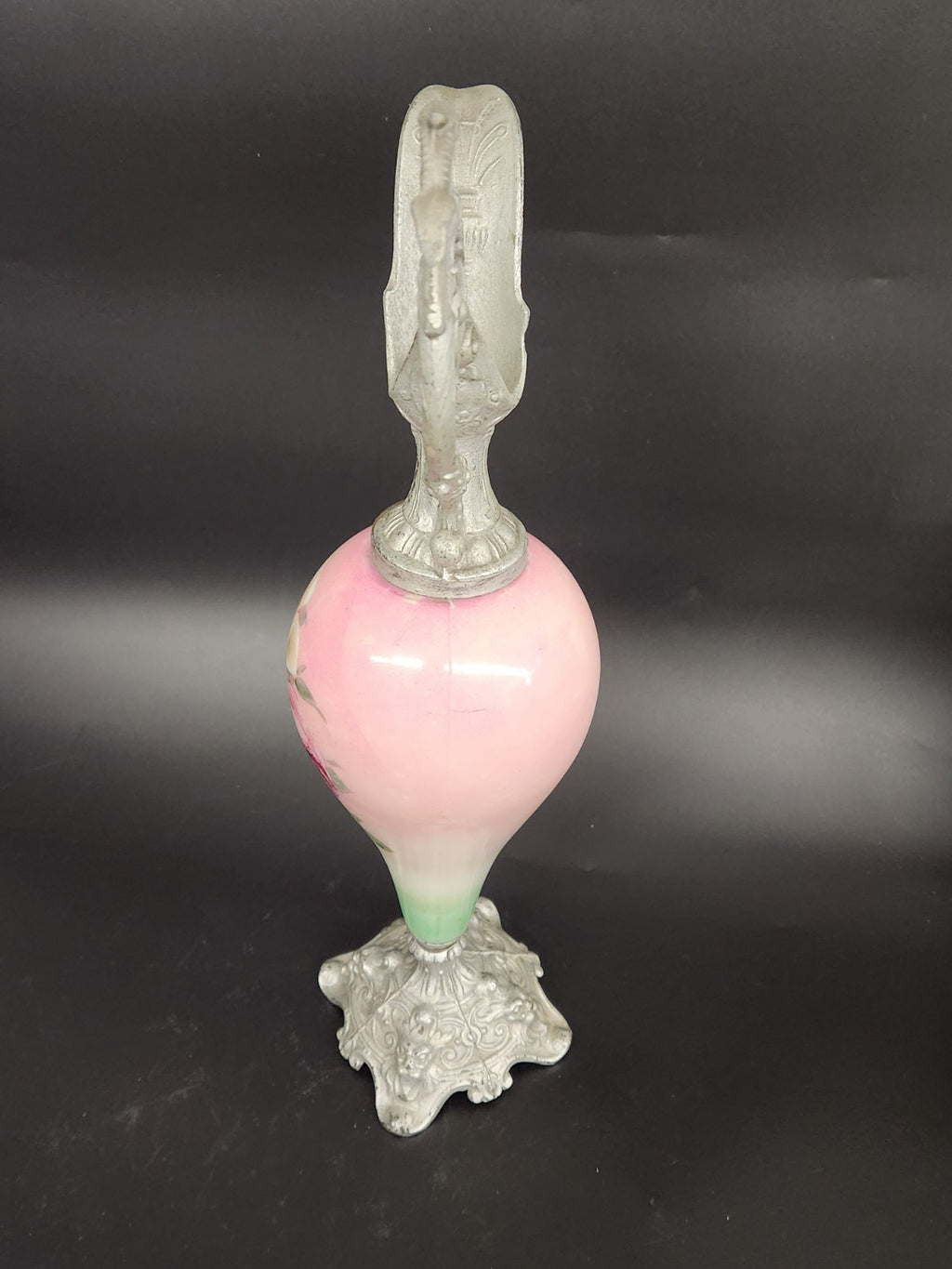 Vintage Hand Painted Floral Ewer Pitcher – Ornate Metal Gargoyle Handle Pink...