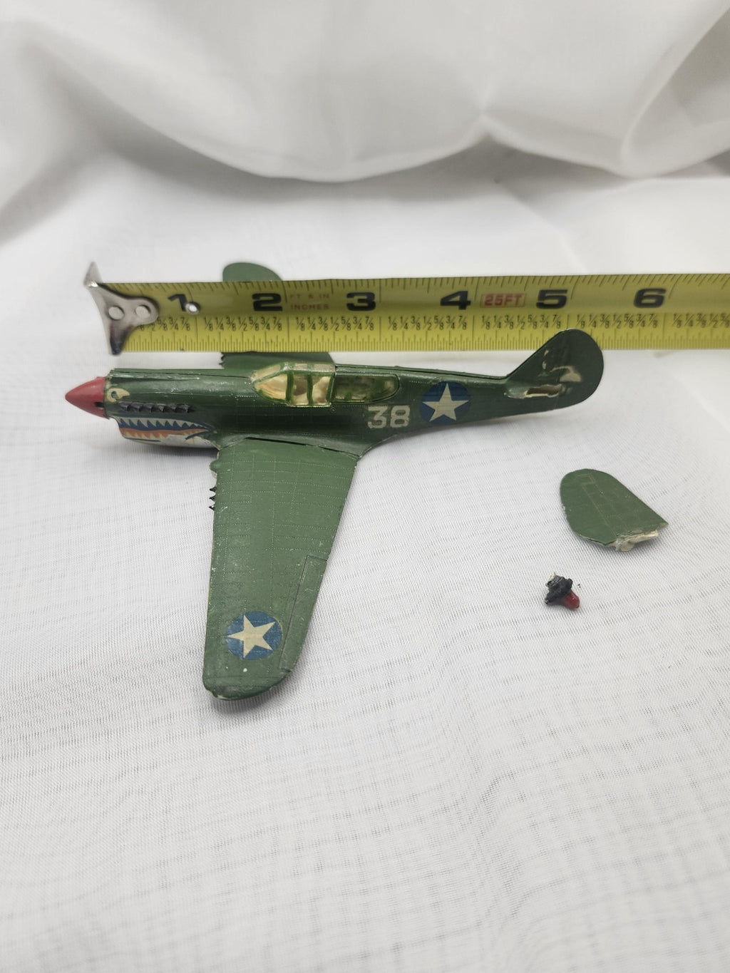 Vintage Zamak Military Airplane Toy Small Green Fighter Shark Mouth Parts Repair