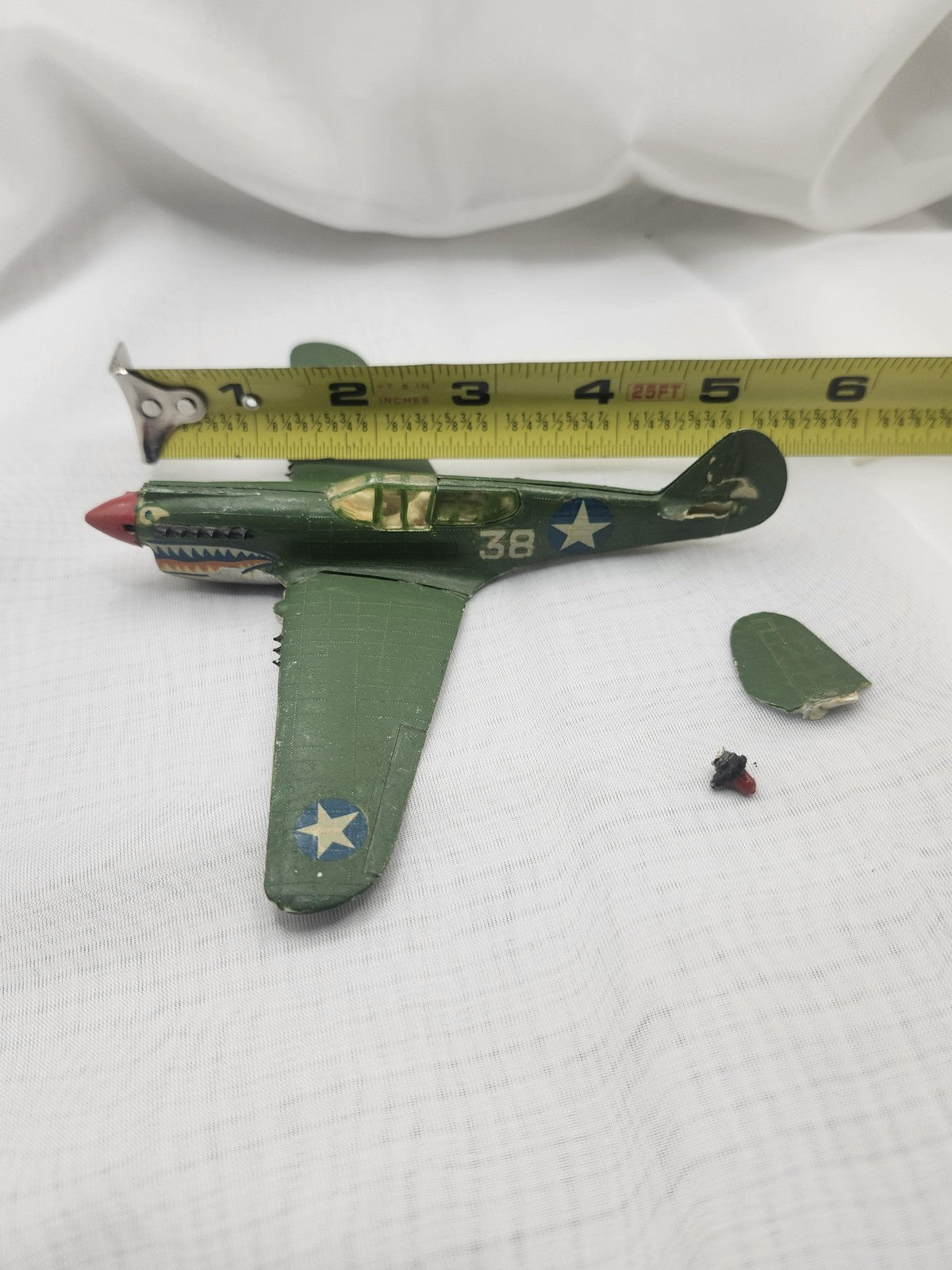 Vintage Zamak Military Airplane Toy Small Green Fighter Shark Mouth Parts Repair