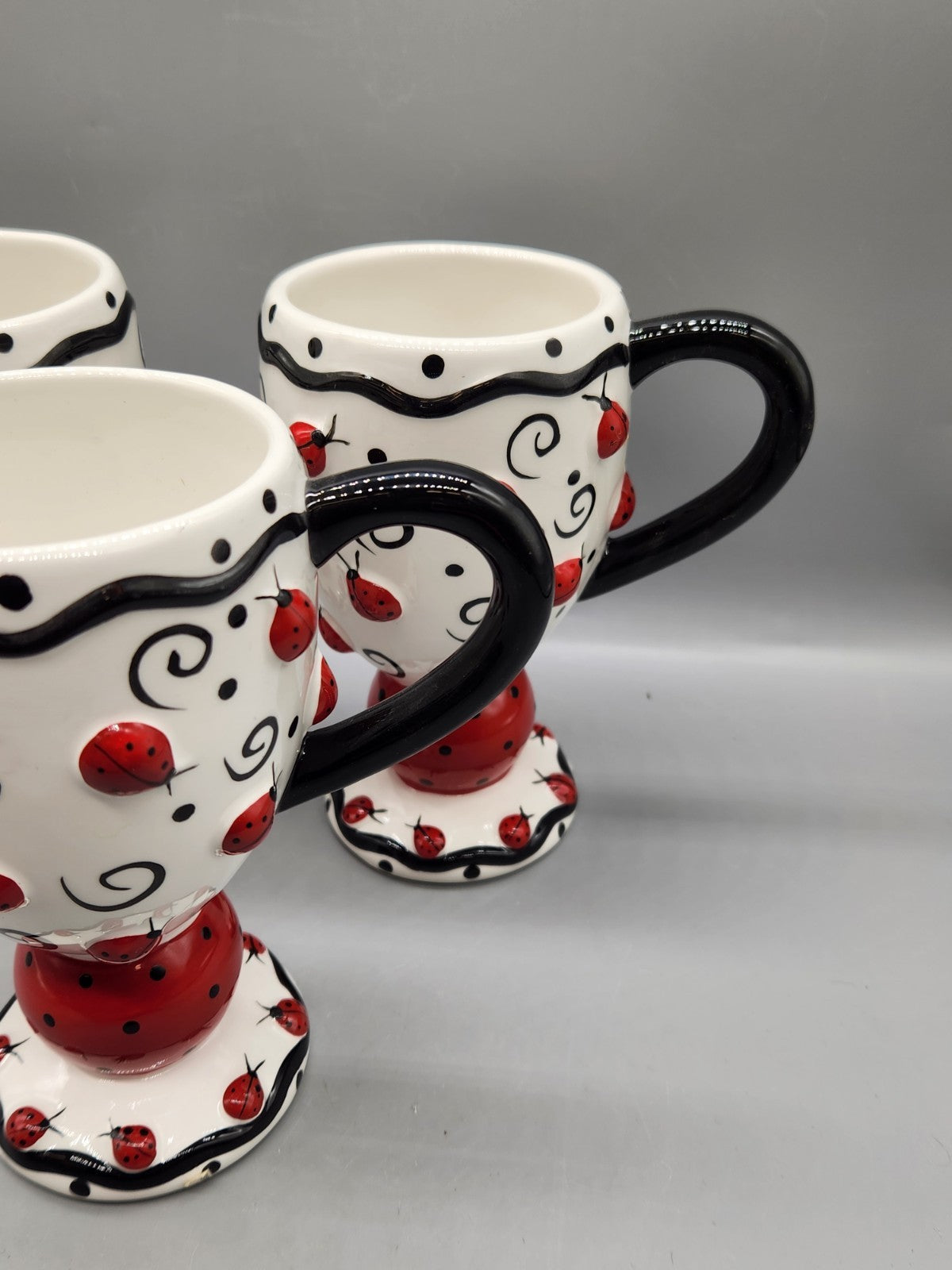 Burton & Burton Ladybug Pedestal Ceramic Coffee Tea Mugs Set of 3 3D Raised...
