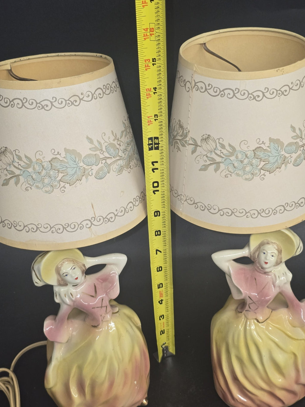 Vintage Pair Ceramic Lady Figurine Table Lamps w/ Original Shades Pink Yellow...