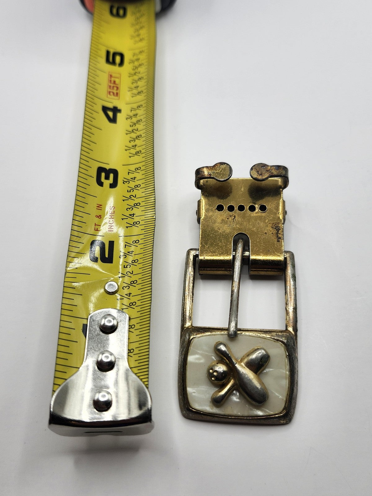 Vintage Gold Brass Medallion Belt Buckle Mens Rectangular White Inlay Western
