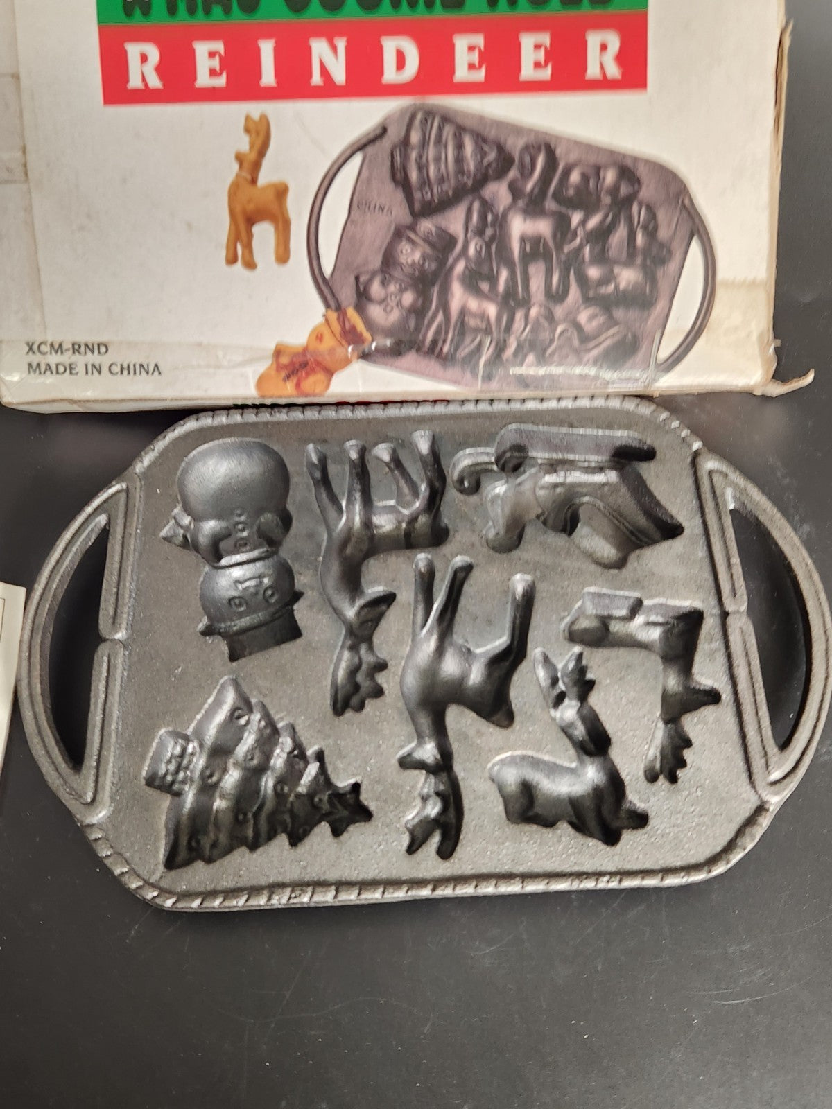 Vintage Cast Iron Christmas Cookie Mold Reindeer Snowman Tree Sleigh With Box