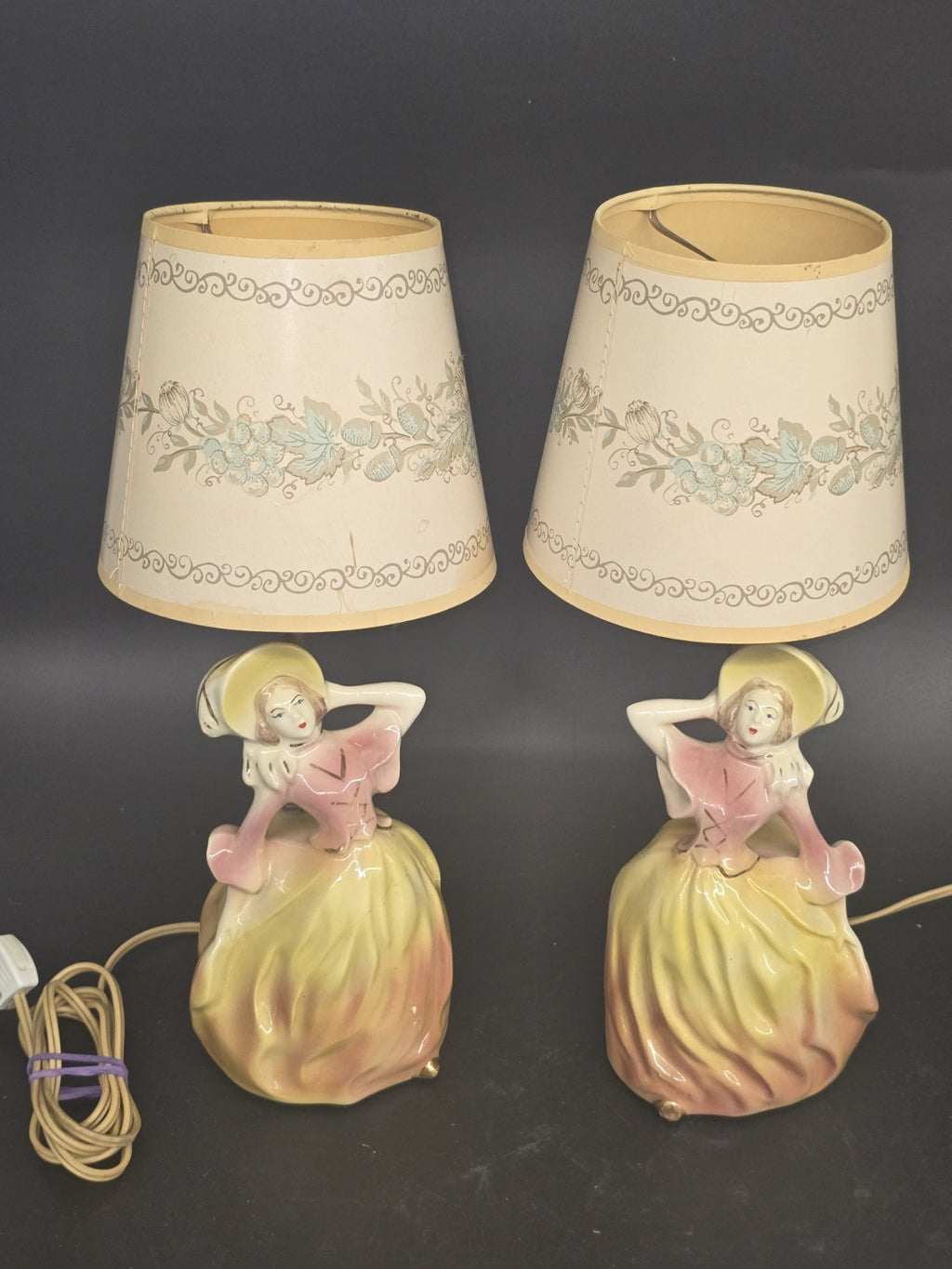 Vintage Pair Ceramic Lady Figurine Table Lamps w/ Original Shades Pink Yellow...