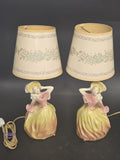 Vintage Pair Ceramic Lady Figurine Table Lamps w/ Original Shades Pink Yellow...