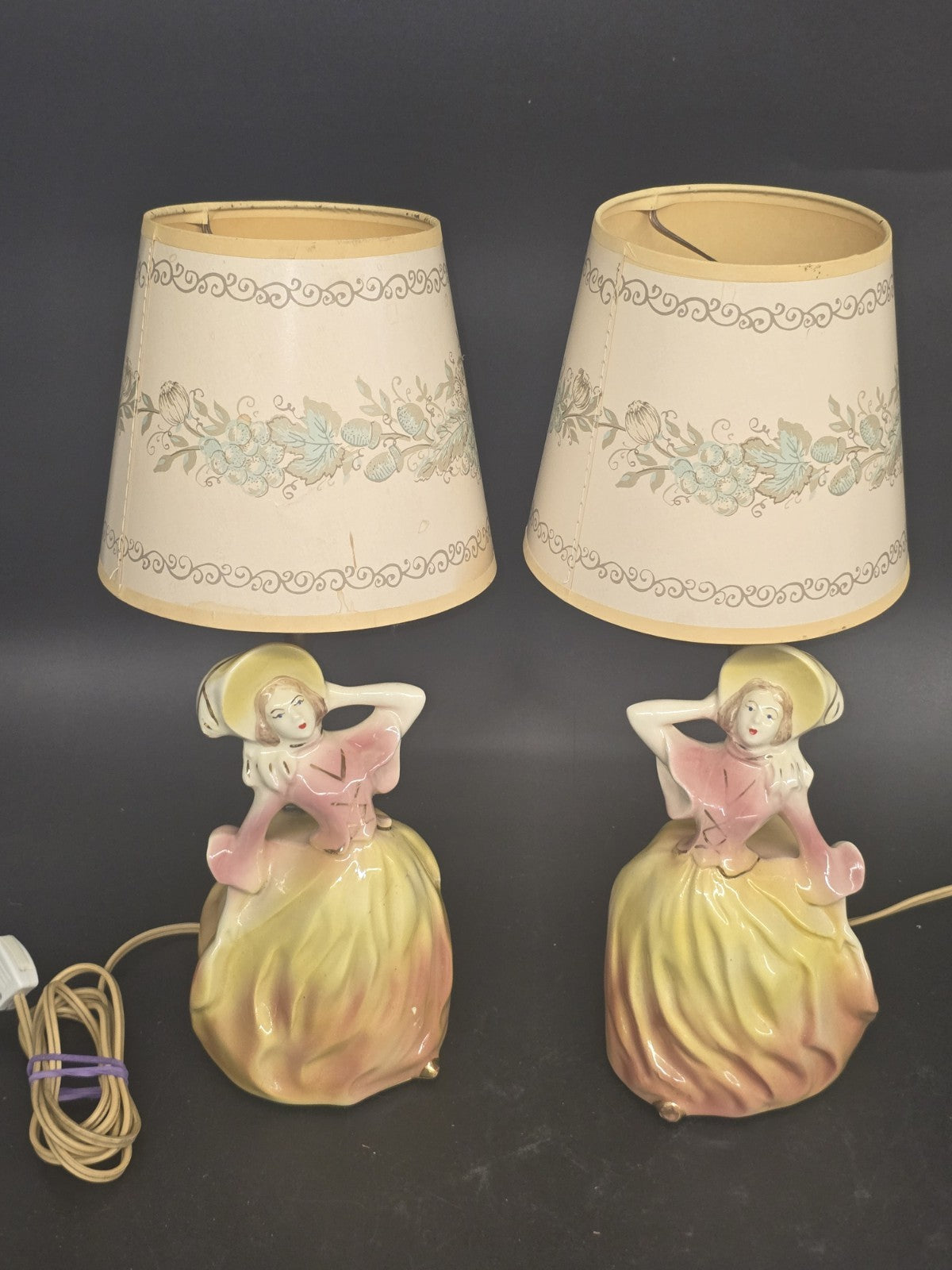 Vintage Pair Ceramic Lady Figurine Table Lamps w/ Original Shades Pink Yellow...