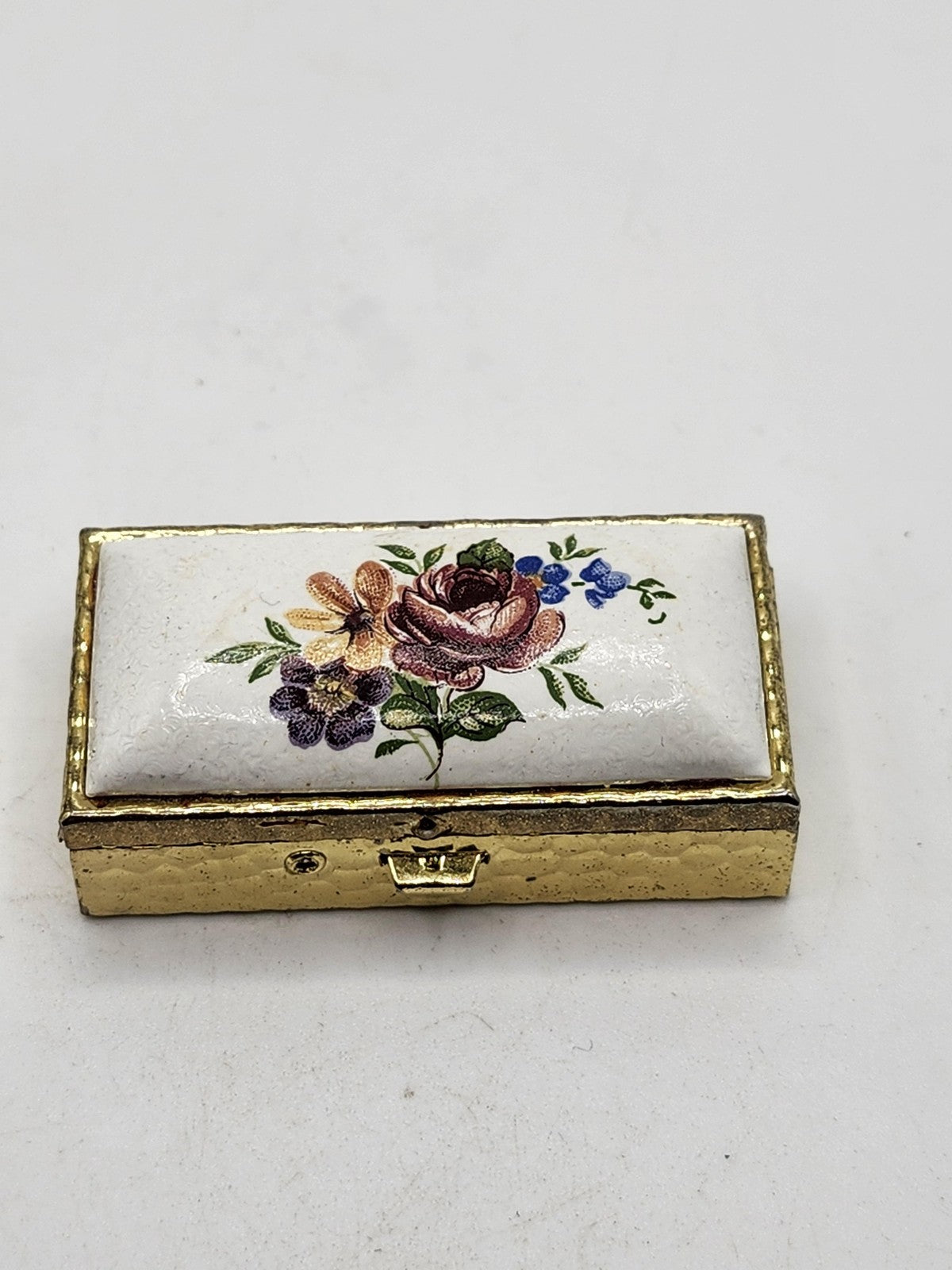 Vintage Rectangular Floral Enamel Trinket Pill Box Gold Tone Metal Small Decor