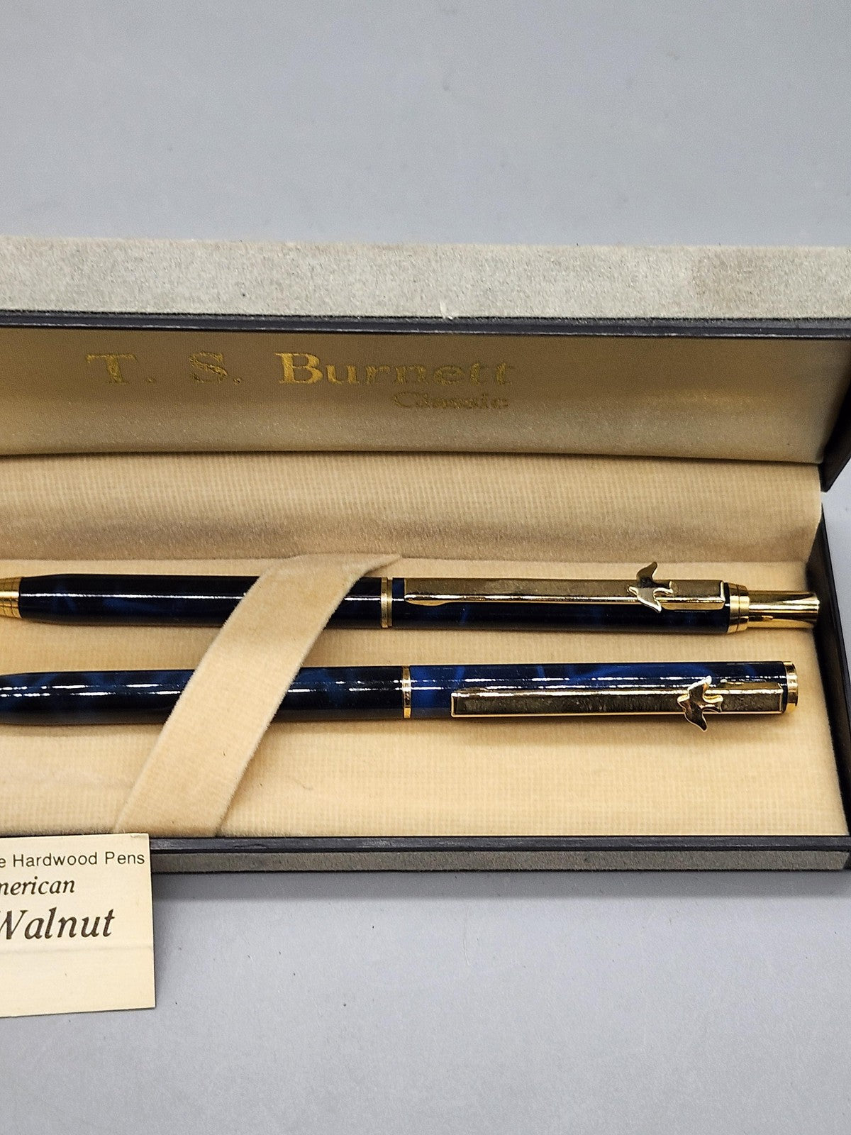 T.S. Burnett Pen Pencil Gift Set Lot 2 American Walnut Wood Gold Tone Case