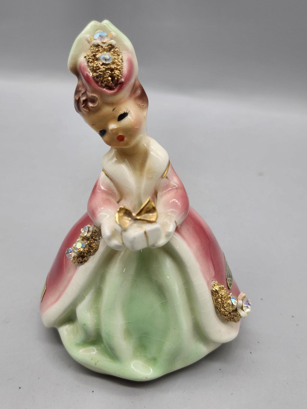 Vintage Josef Originals Little Gift Girl Figurine Pink Green Ceramic Rhinestone