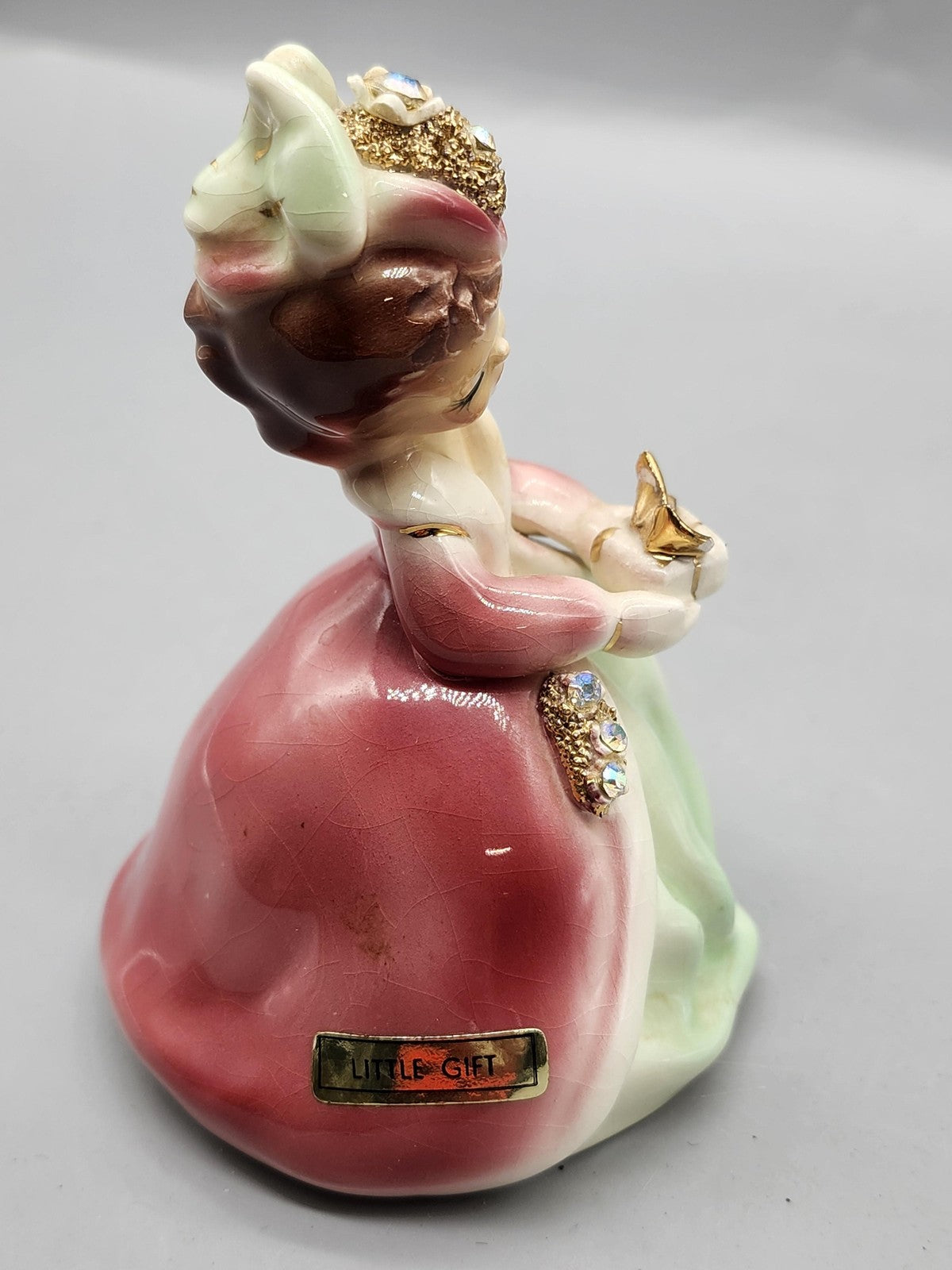 Vintage Josef Originals Little Gift Girl Figurine Pink Green Ceramic Rhinestone