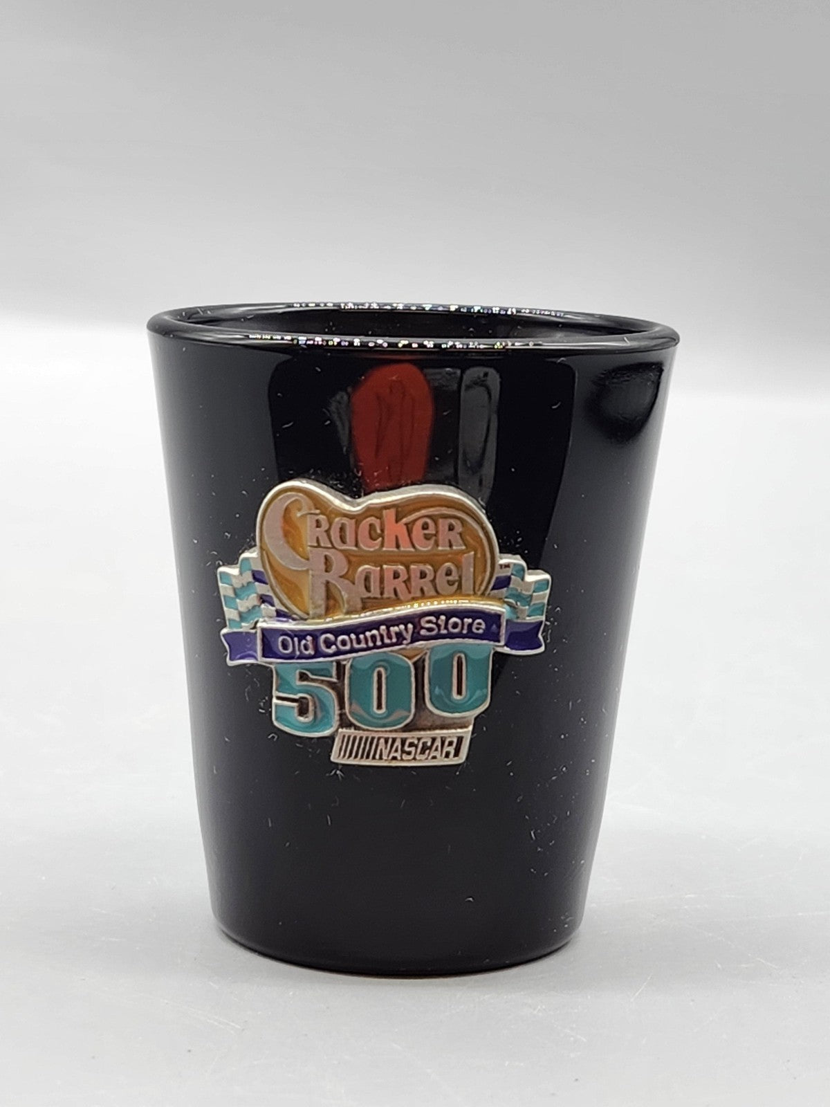 Vintage Cracker Barrel Black Glass Shot Glass 500 NASCAR Logo Souvenir Decor