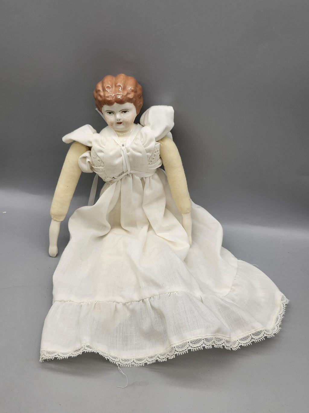 Vintage Porcelain Cloth Body Girl Doll 13 In White Dress Red Hair Signed