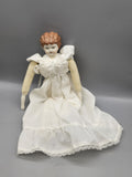 Vintage Porcelain Cloth Body Girl Doll 13 In White Dress Red Hair Signed