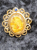 Gold Tone Religious Cameo Pin Blue Glass Rhinestone Lapel Jewelry Gift