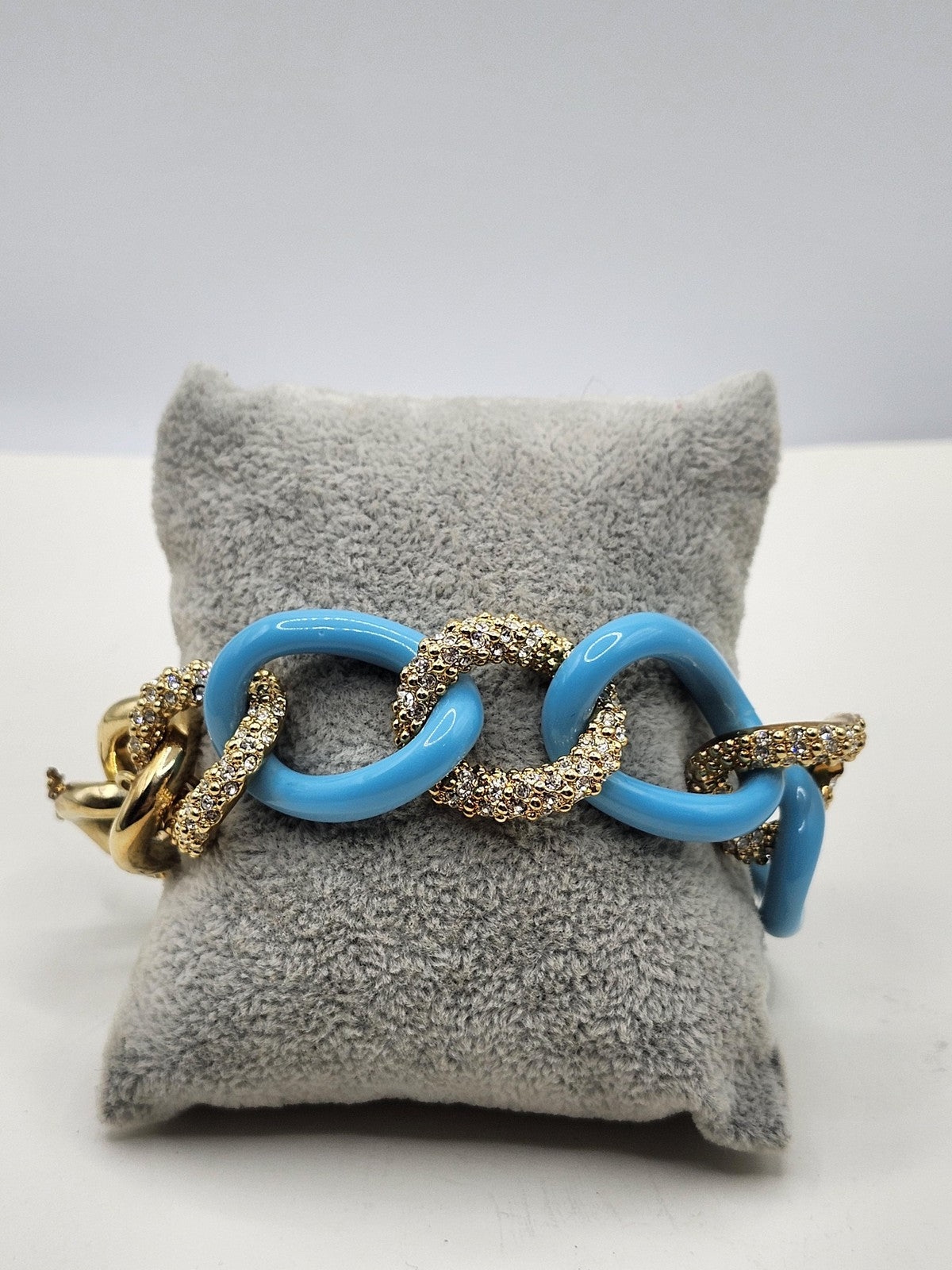 Blue Gold Tone Chain Bracelet Snake Link Rhinestone Magnetic 7.5 Inch Statement