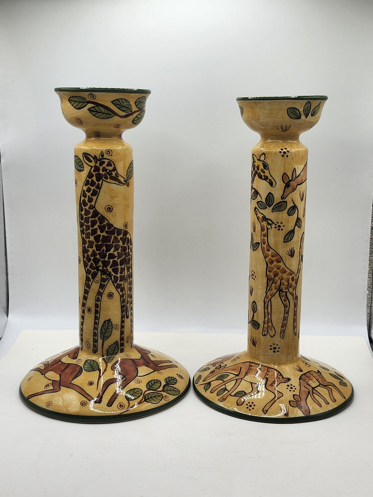 Vintage Handmade Giraffe Candlestick Holder Pair Beige Ceramic African Art Decor
