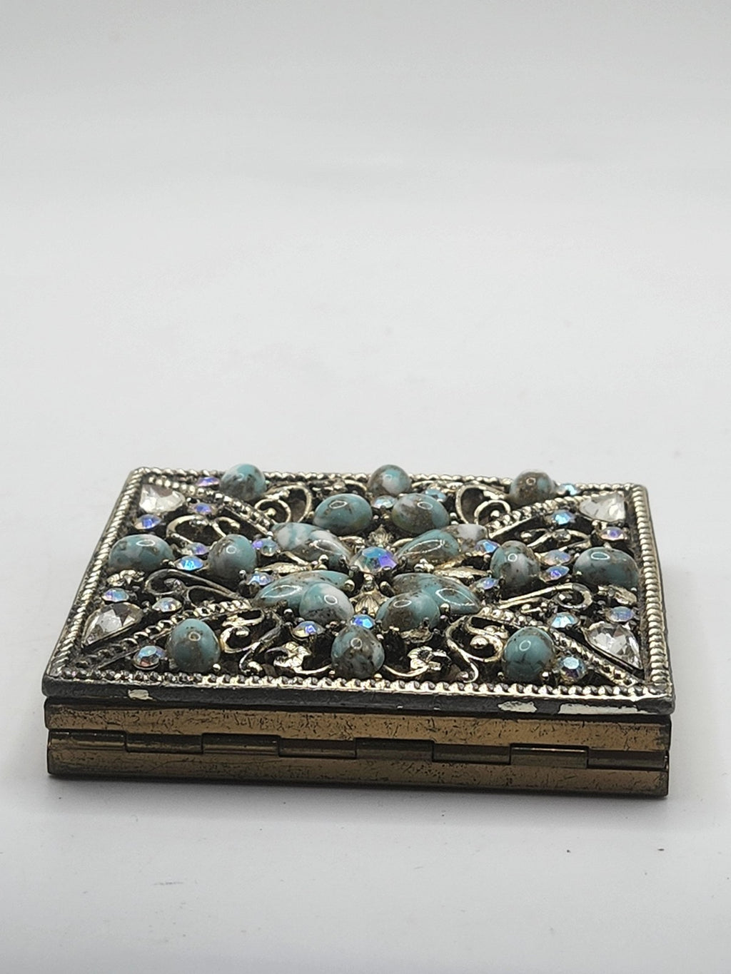 Vintage S F Co 5th Avenue Jeweled Powder Compact Turquoise Rhinestones Metal