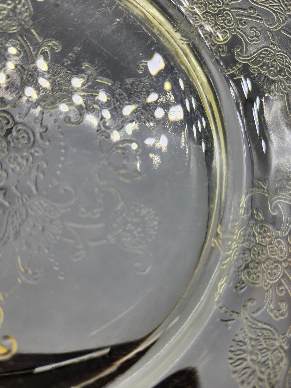 Vintage Yellow Pressed Glass Luncheon Plate Floral Etched Pattern Table Decor