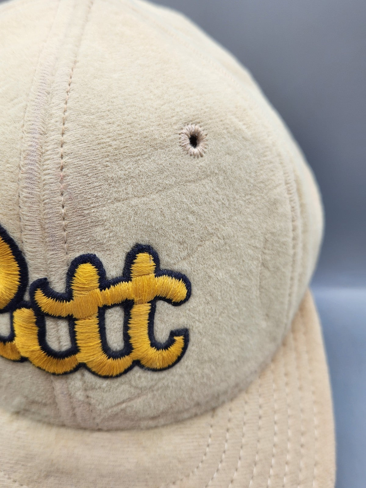 Vintage Pitt Panthers Script Snapback Hat Cap Beige Suede Look NCAA Retro
