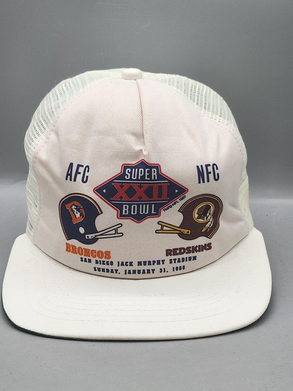 Vintage Super Bowl XXII Broncos Redskins Hat Cap Snap Back L White NFL New Era
