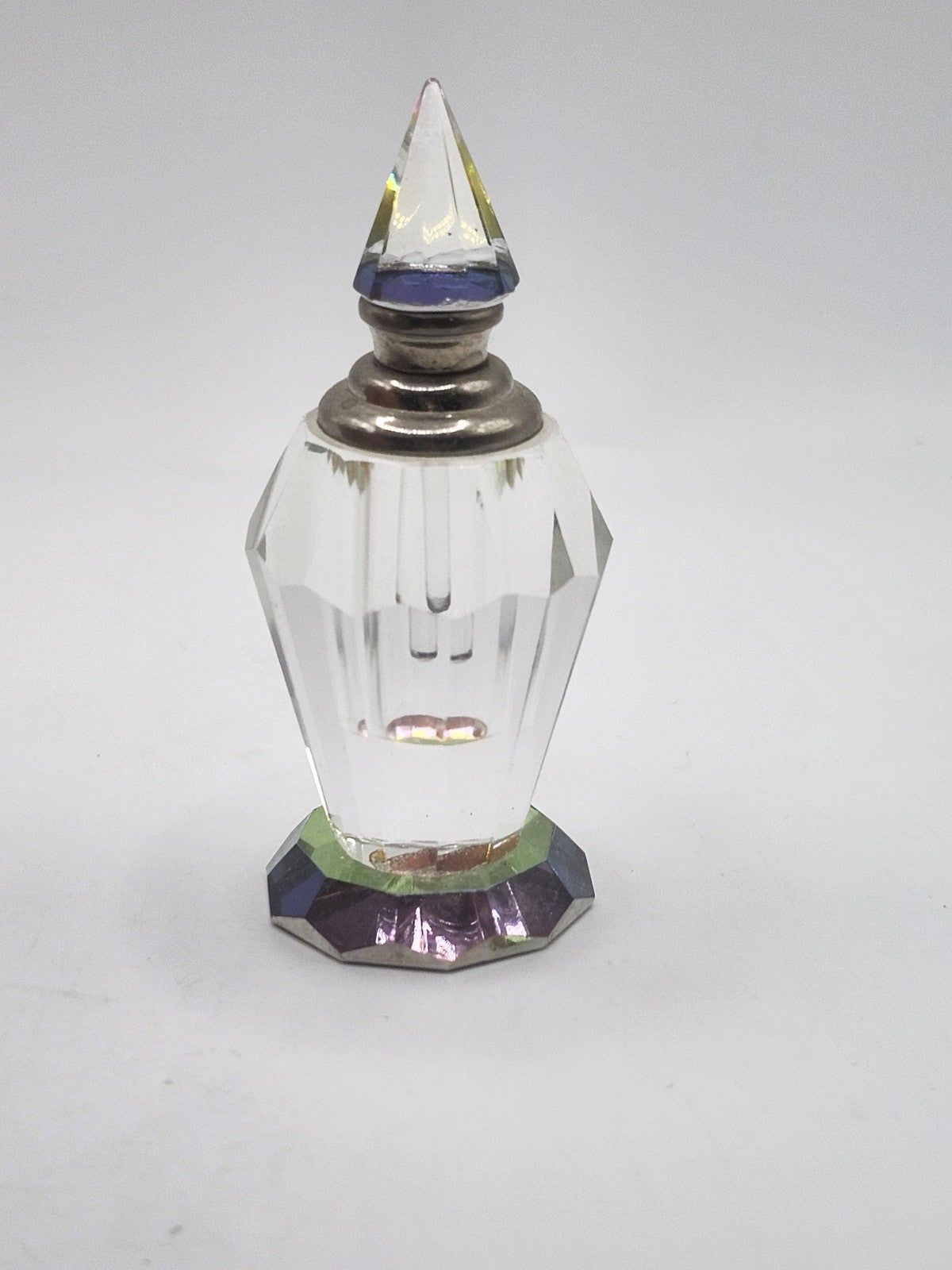 Vintage Cut Glass Perfume Bottle Prism Stopper Rainbow Base Vanity Decor Faceted