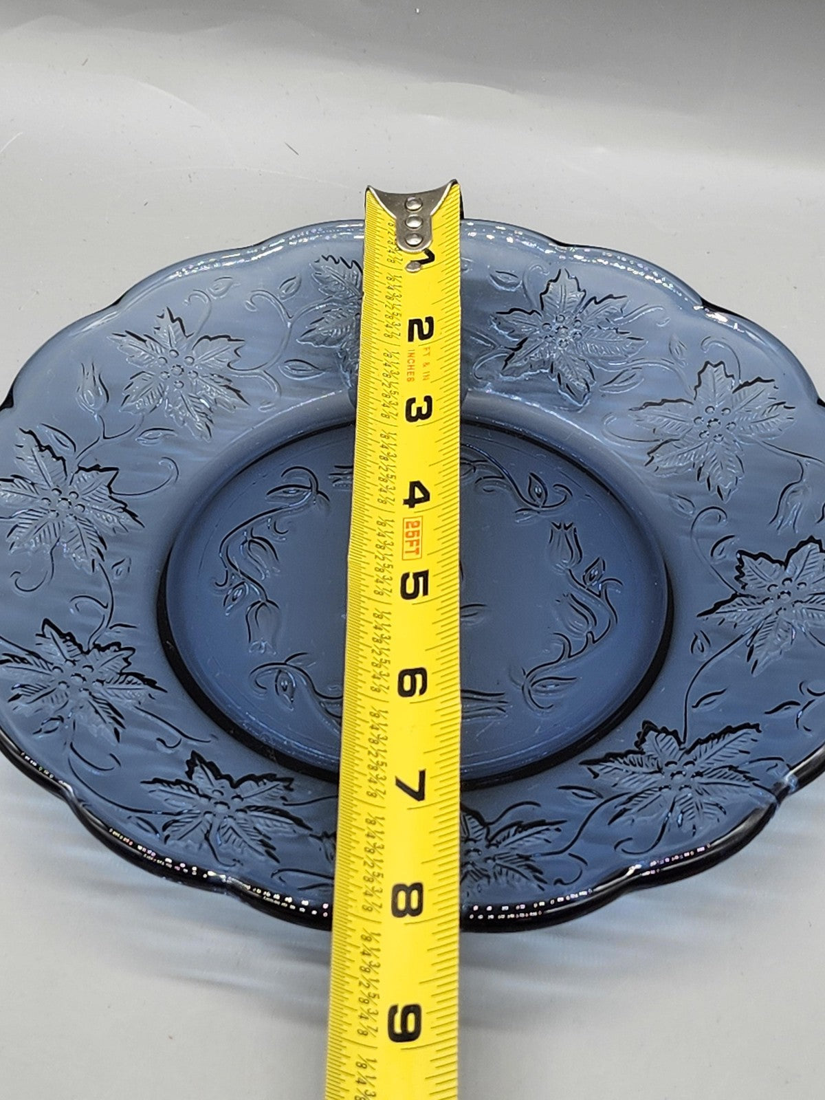 Blue Pressed Glass Plate Floral Rabbit Pattern Scalloped Easter Table Decor