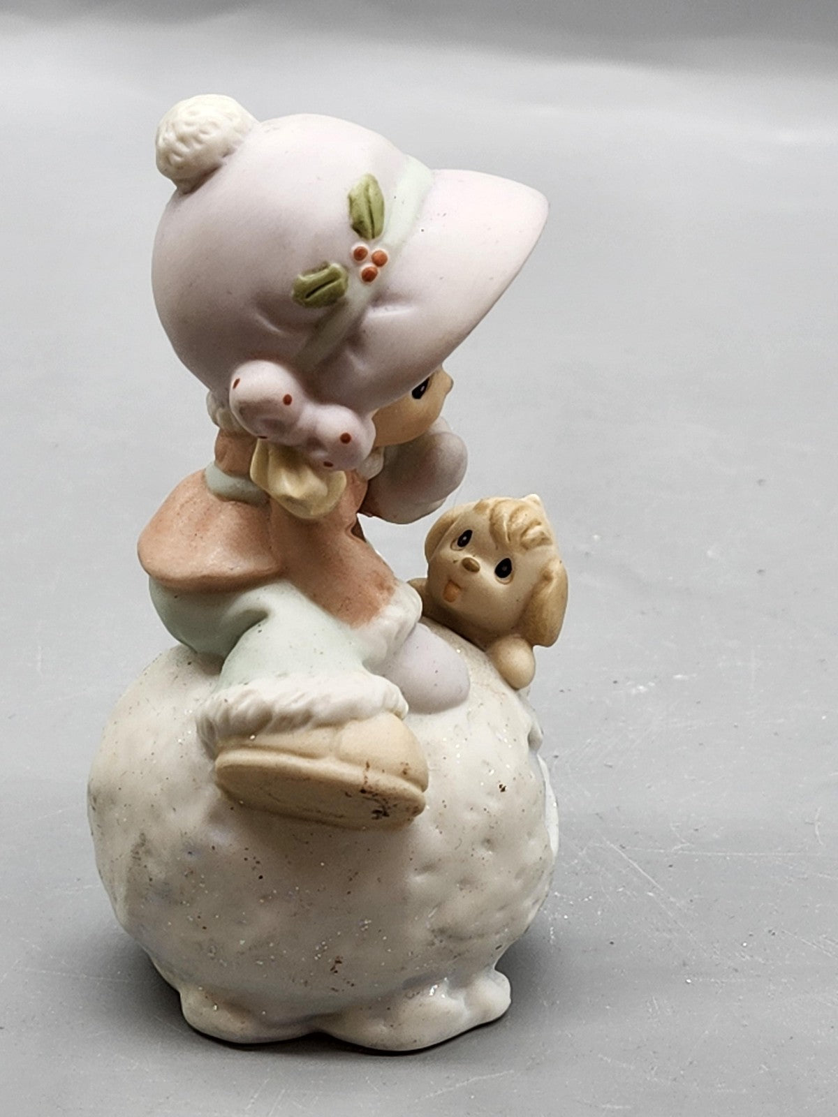 Vintage Precious Moments Dog Snowball Figurine White Glitter Christmas Decor