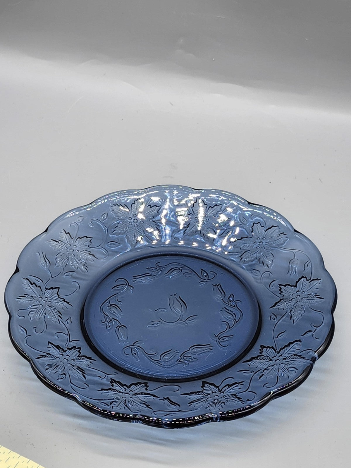 Blue Pressed Glass Plate Floral Rabbit Pattern Scalloped Easter Table Decor