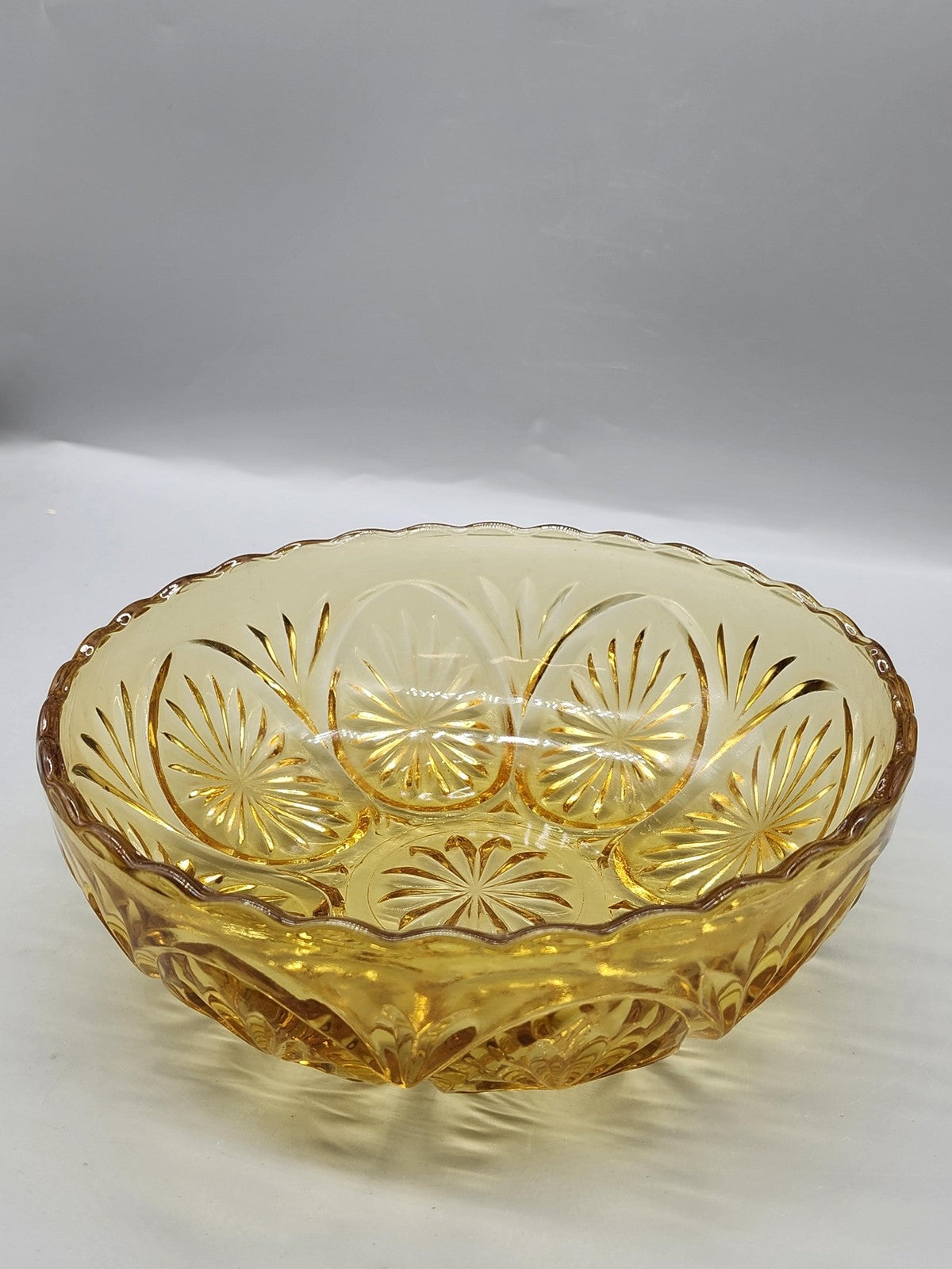 Vintage Yellow Pressed Glass Serving Bowl Starburst Round Scalloped Retro Decor