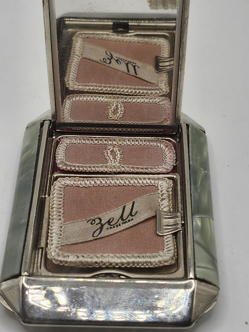 Vintage Zell Green Marbled Compact Face Powder Rouge Mirror Art Deco Case Vanity