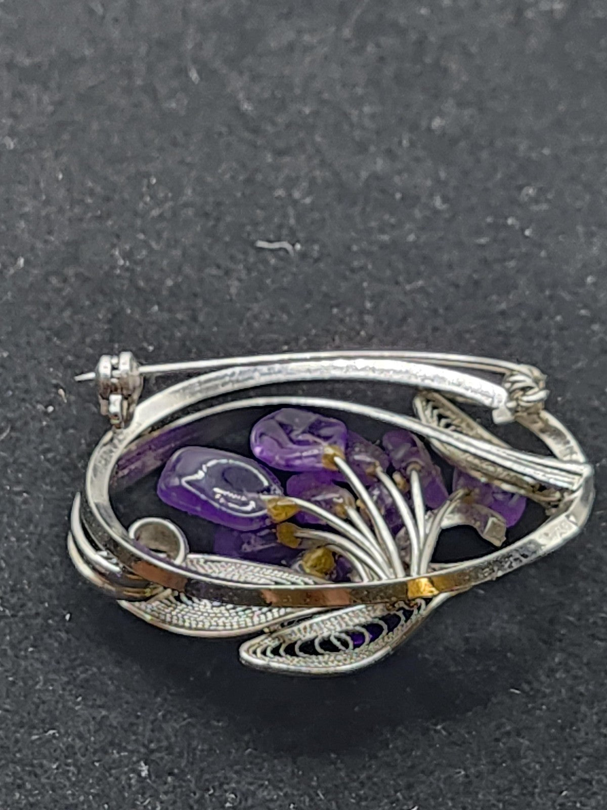 Purple Amethyst Stone Cluster Floral Brooch Pin Silver Tone Oval Filigree 2 Inch