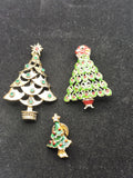 Christmas Tree Brooch Pin Lot Gold Tone Green Rhinestone Enamel Jewelry 3pc