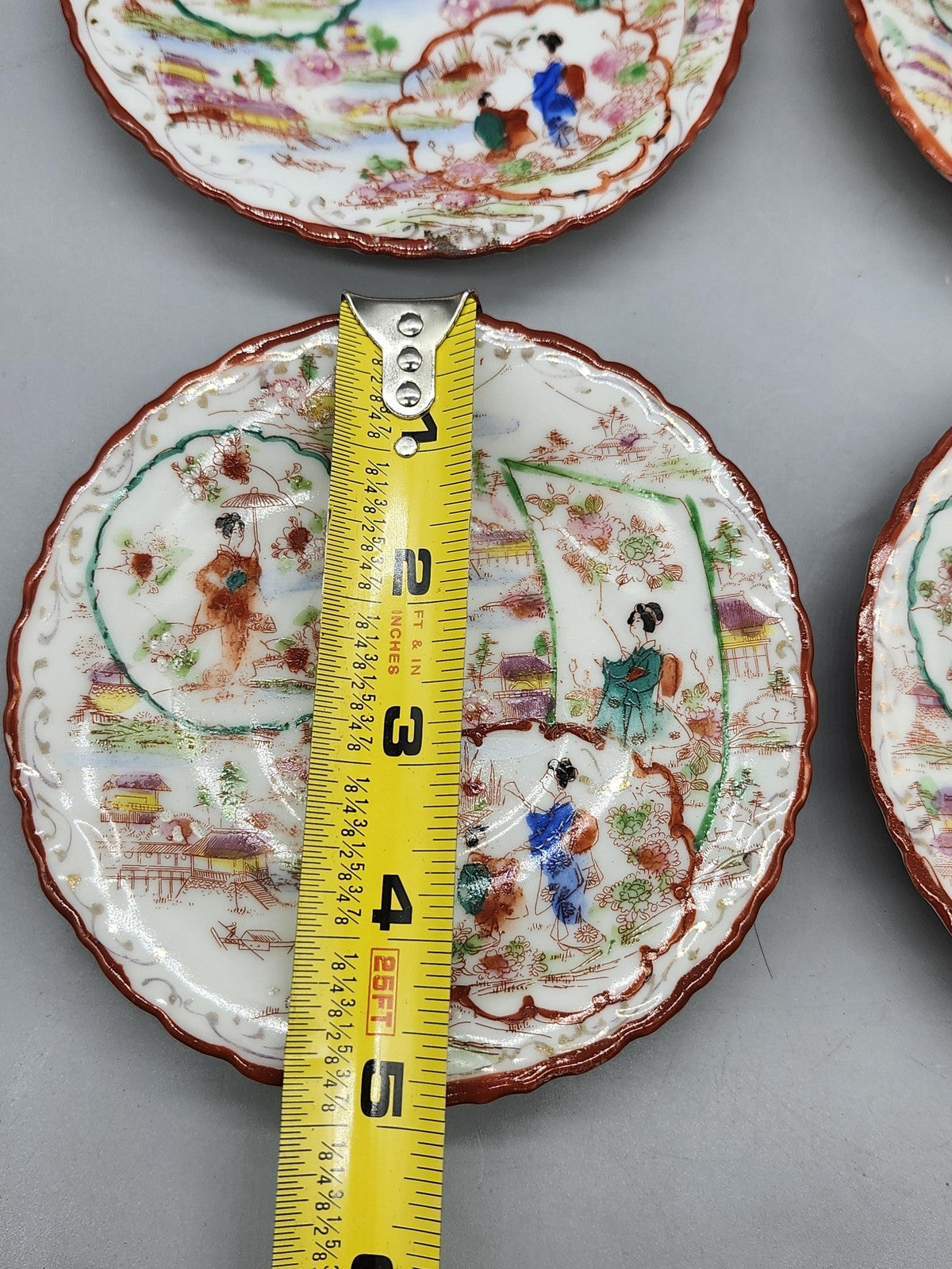 Vintage Unmarked Multicolor Geisha Scene Porcelain Dessert Plate Set 4 Japan