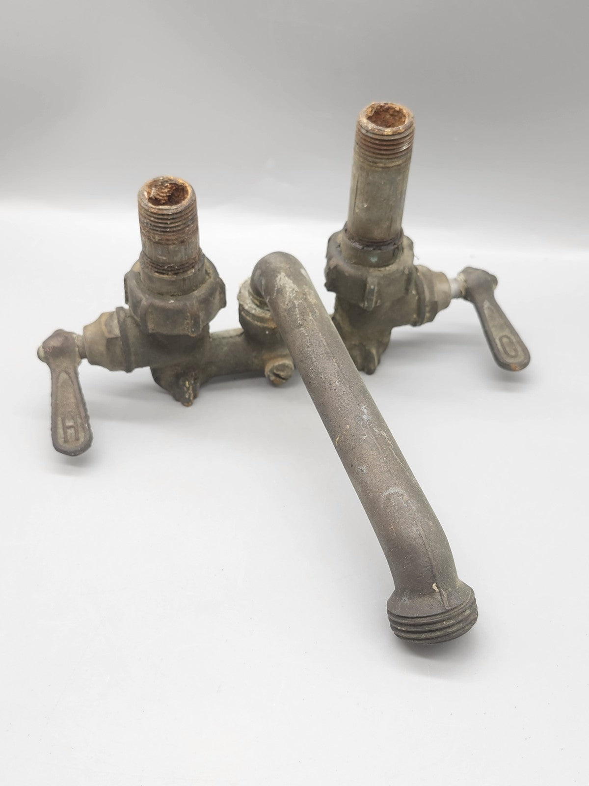 Vintage Brass Bridge Kitchen Faucet Hot Cold Wall Mount Faucet Parts Repair