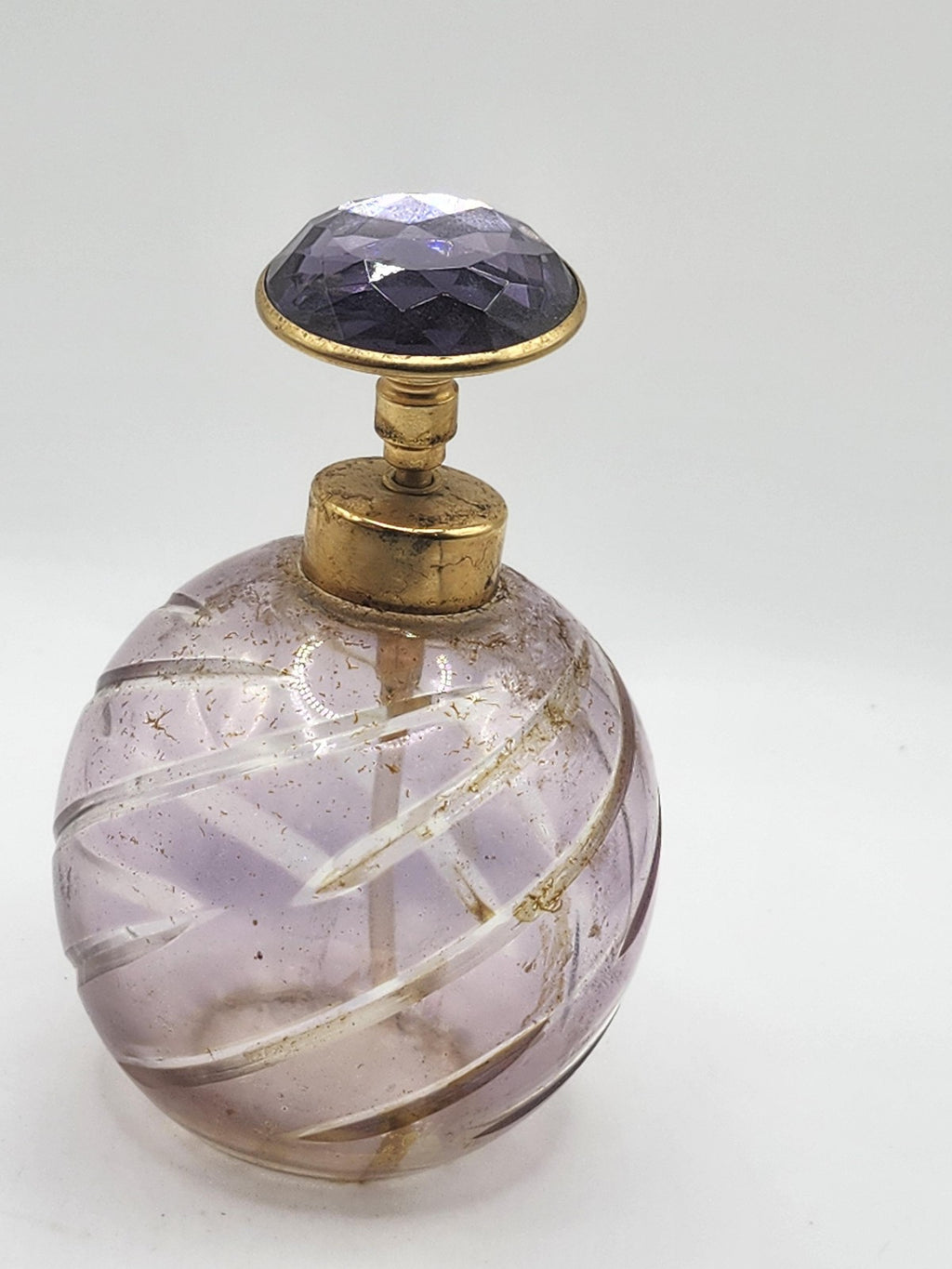 Vintage Irice Glass Perfume Atomizer Purple Jewel Top Swirl Round West Germany