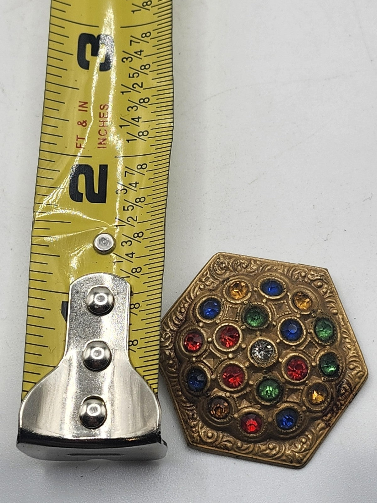 Vintage Hexagon Brooch Pin Gold Tone Multicolor Rhinestone Statement Jewelry