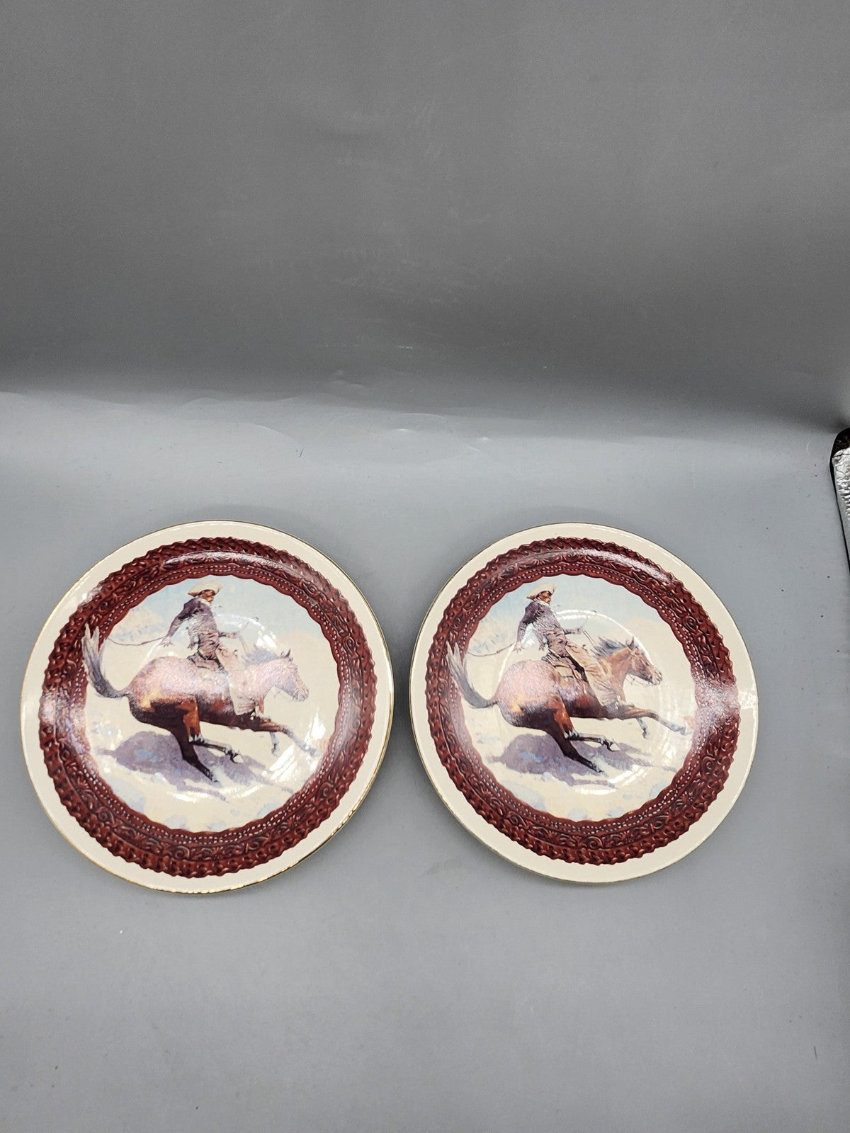 Vintage Enesco The Cowboy Plates Lot 2 Frederic Remington Western Decor