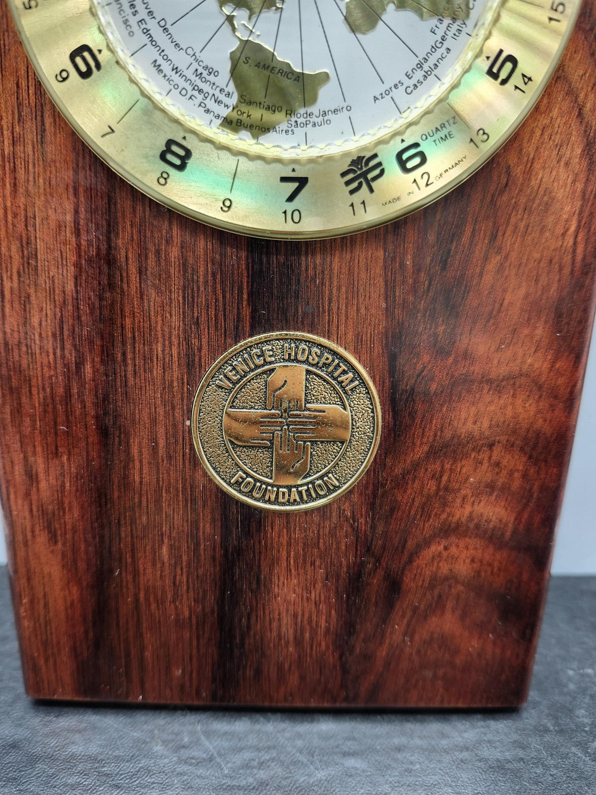 Vintage PS-Group World Time Desk Clock Brown Wood Plaque Brass Germany Decor