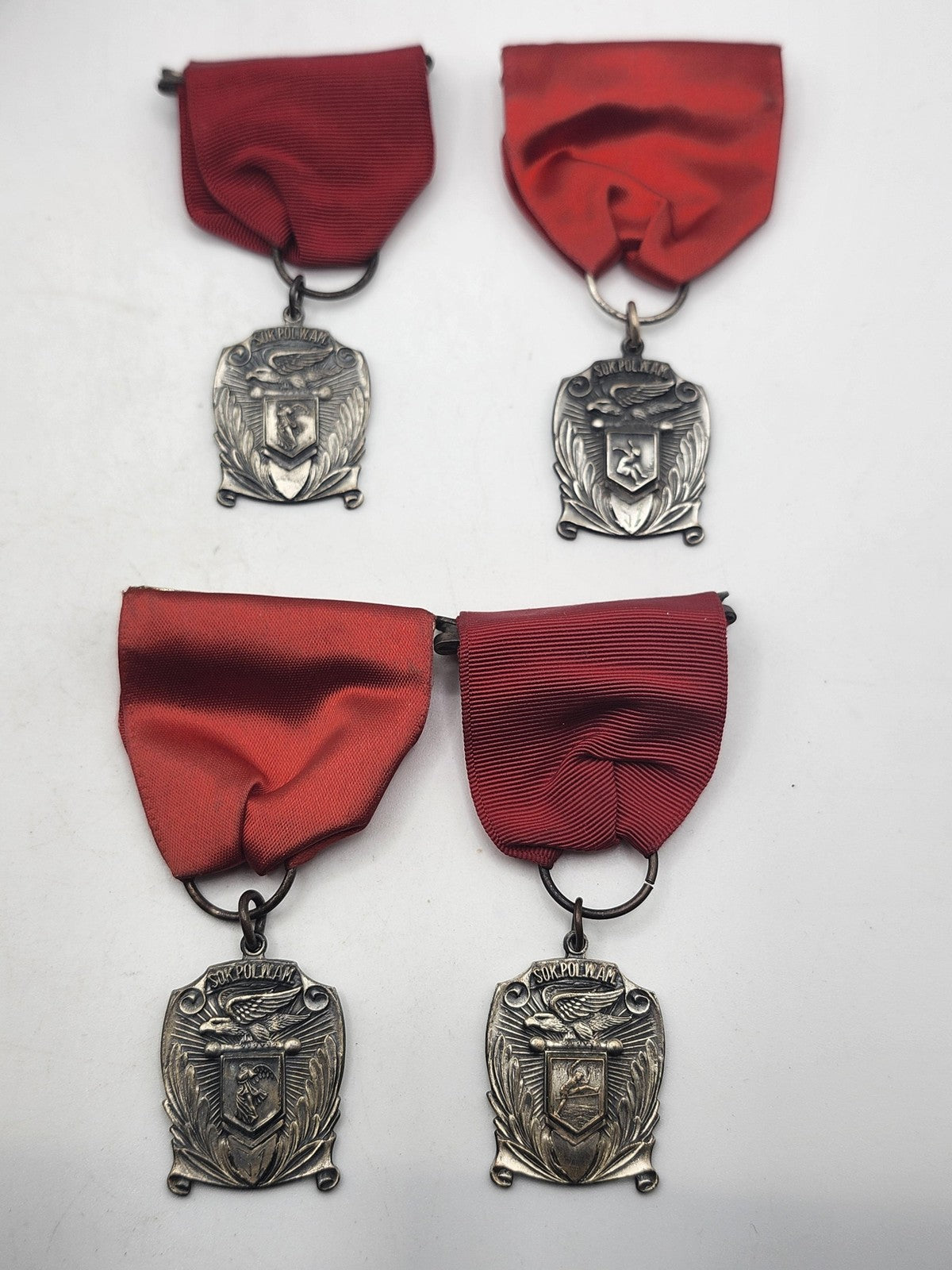 Vintage SOK POL W AM Eagle Sports Award Medals Lot 4 Red Ribbon Silver Tone