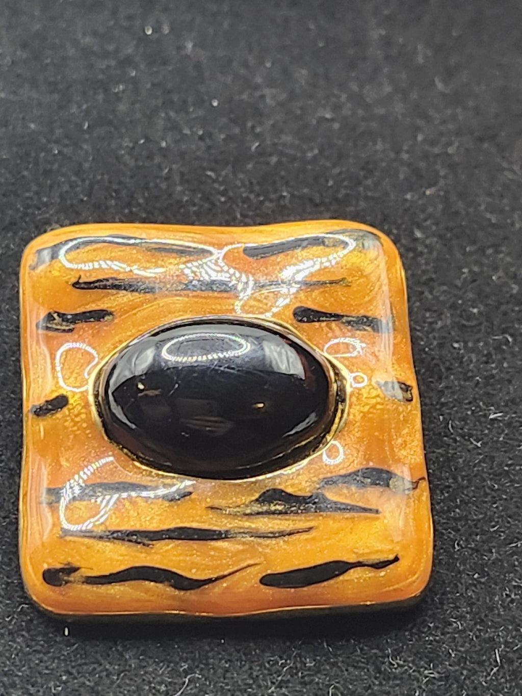 Monet Orange Enamel Tiger Stripe Brooch Pin Black Cabochon Gold Tone Jewelry