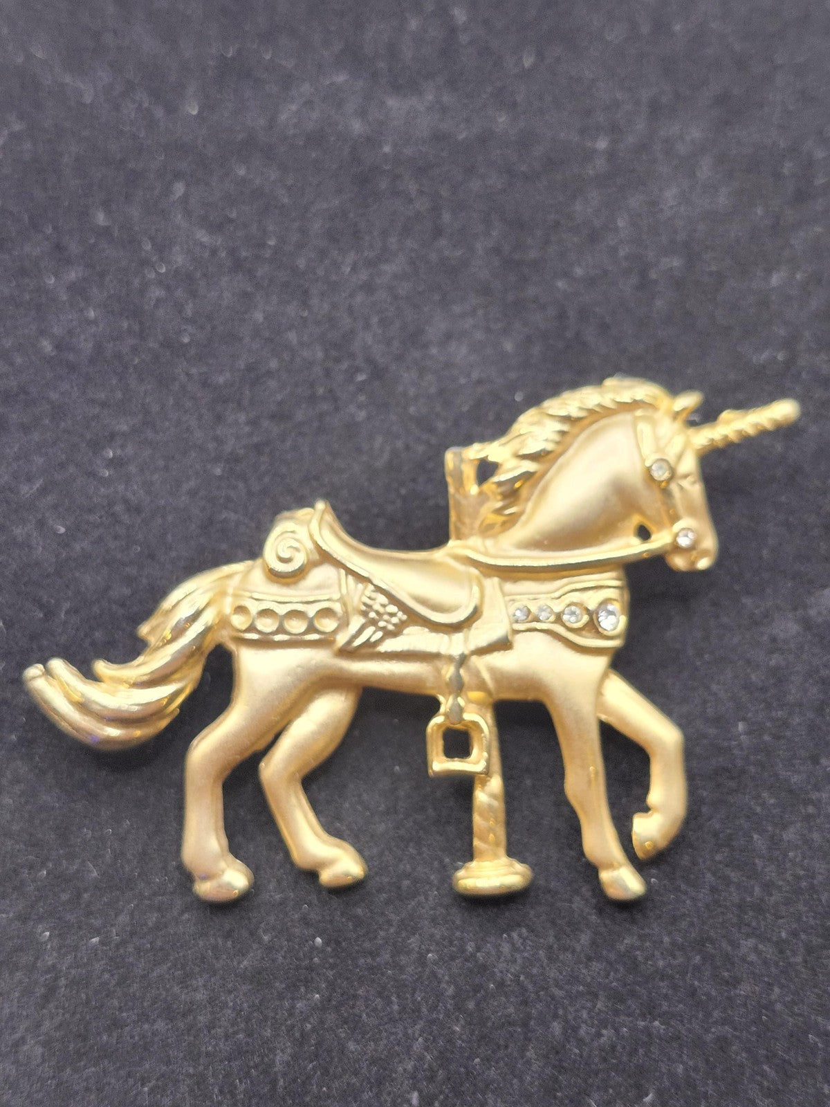 Gold Tone Unicorn Carousel Horse Brooch Pin White Rhinestone Jewelry Cute Gift