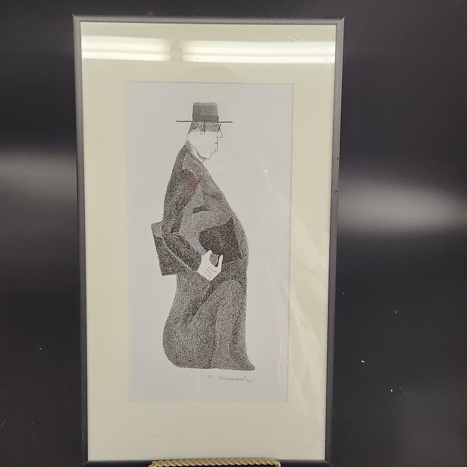Signed Man In Hat Ink Portrait Drawing Medium Framed Black White Illustration