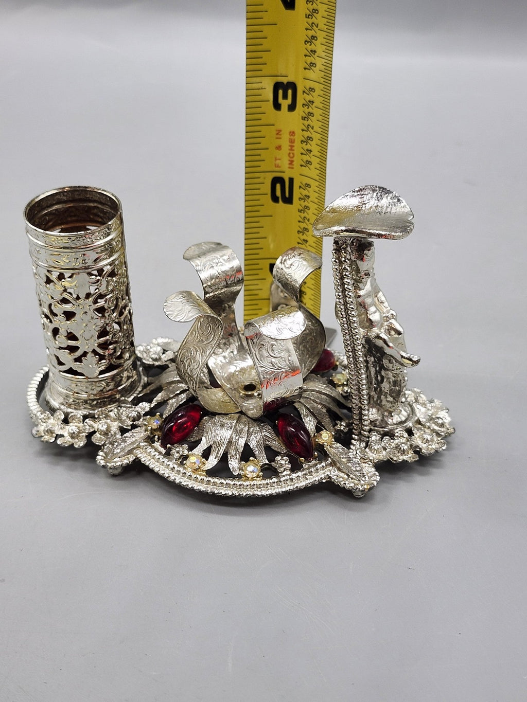 Vintage SF Lady Lipstick Holder Ring Stand Silver Tone Red Rhinestone Vanity USA