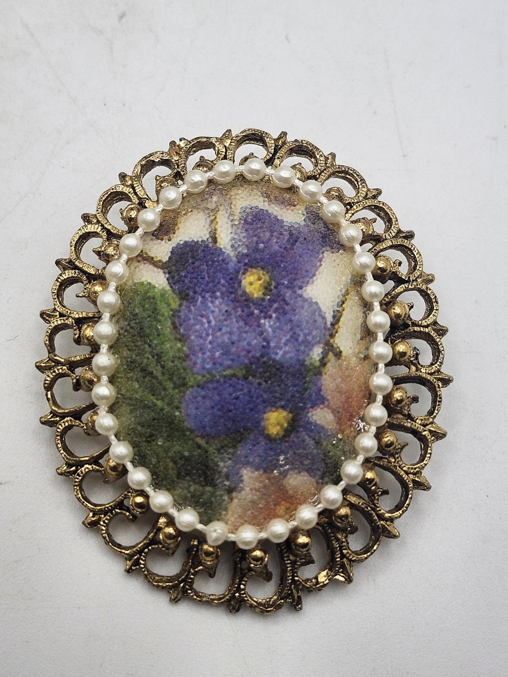 Floral Brooch Pendant Gold Tone Faux Pearl Frame Oval Multicolor Jewelry Gift