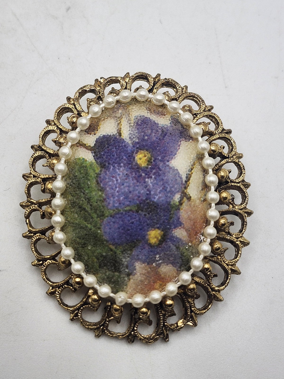 Floral Brooch Pendant Gold Tone Faux Pearl Frame Oval Multicolor Jewelry Gift