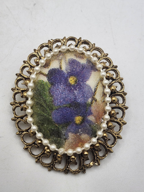 Floral Brooch Pendant Gold Tone Faux Pearl Frame Oval Multicolor Jewelry Gift