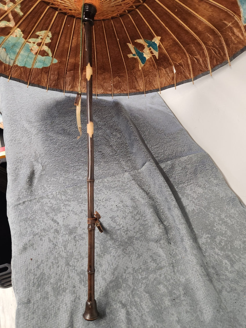 Vintage Japanese Paper Parasol Umbrella Hand Painted Mt Fuji Bamboo Wagasa 32”