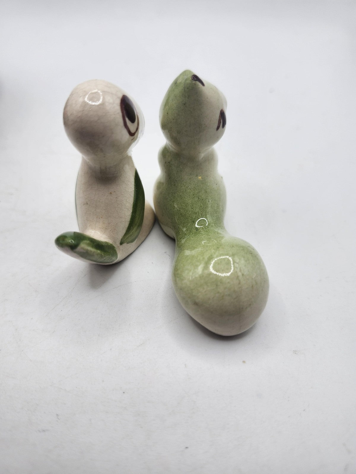 Vintage Clay Dinosaur Salt Pepper Shakers Small Green White Figurines Decor