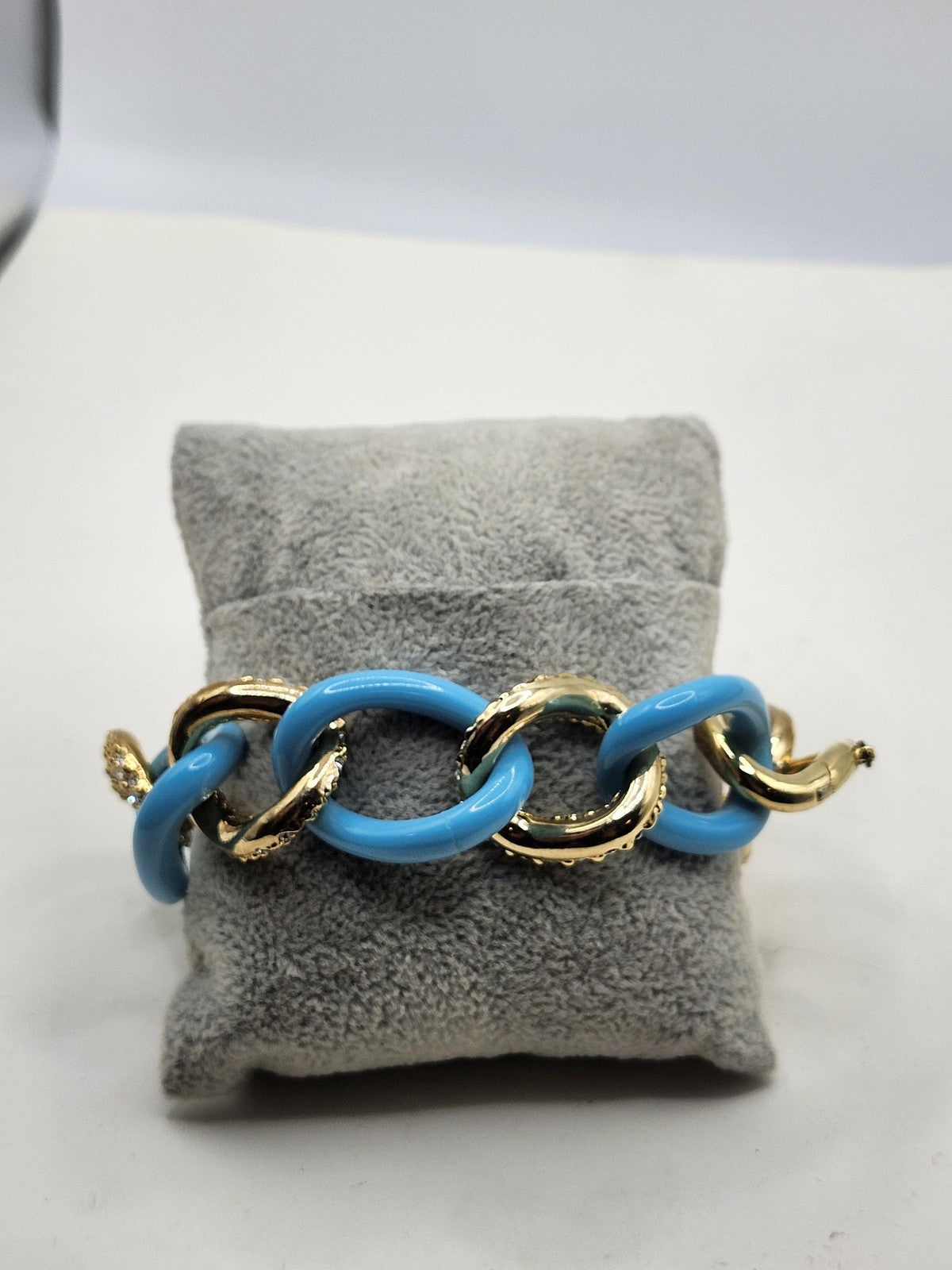 Blue Gold Tone Chain Bracelet Snake Link Rhinestone Magnetic 7.5 Inch Statement