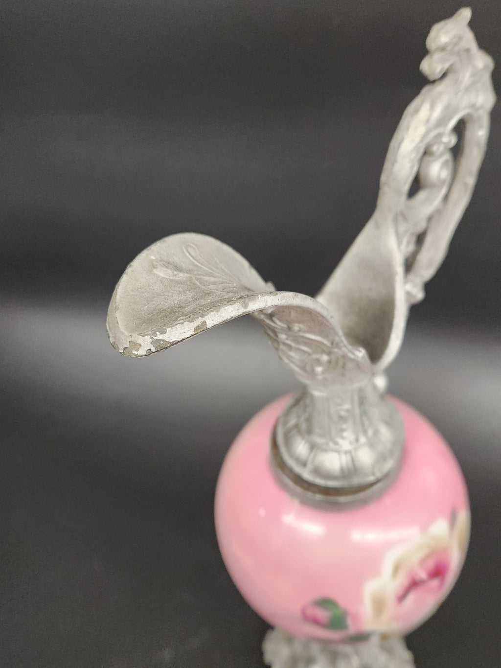 Vintage Hand Painted Floral Ewer Pitcher – Ornate Metal Gargoyle Handle Pink...